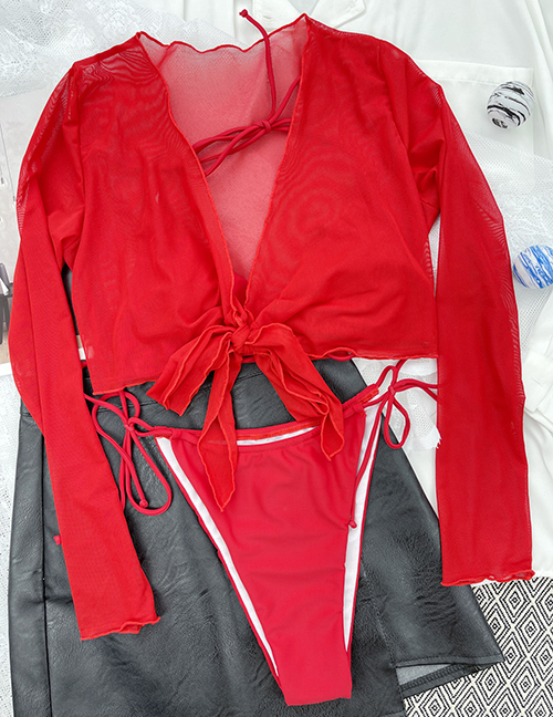 Fashion Red Nylon Mesh Bandage Three-piece Swimsuit