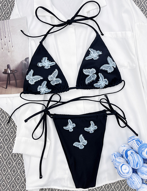 Fashion Black Butterfly Lace Halter Tie Swimsuit