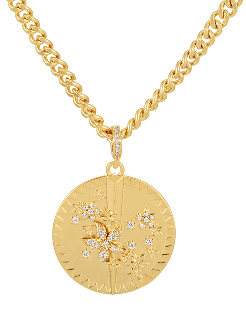 Fashion Gold-2 Bronze Chain Necklace With Bronze Zirconium Round Flower Pendant