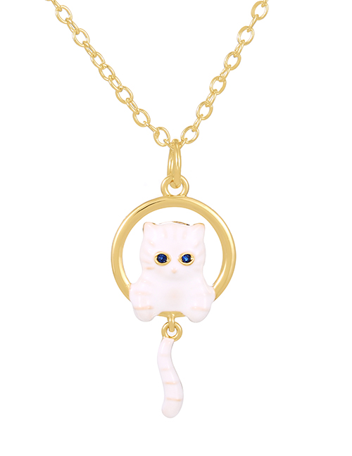 Fashion White Bronze Zirconium Oil Drop Ring Cat Pendant Necklace
