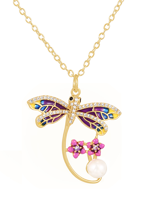 Fashion Color Bronze Zircon Drop Oil Dragonfly Pearl Pendant Necklace