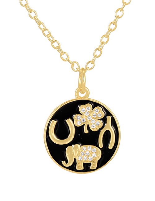 Fashion Black Bronze Zircon Drip Oil Round Elephant Flower Pendant Necklace