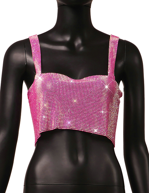 Fashion Pink Polyester Flash Diamond Sleeveless Tank Top