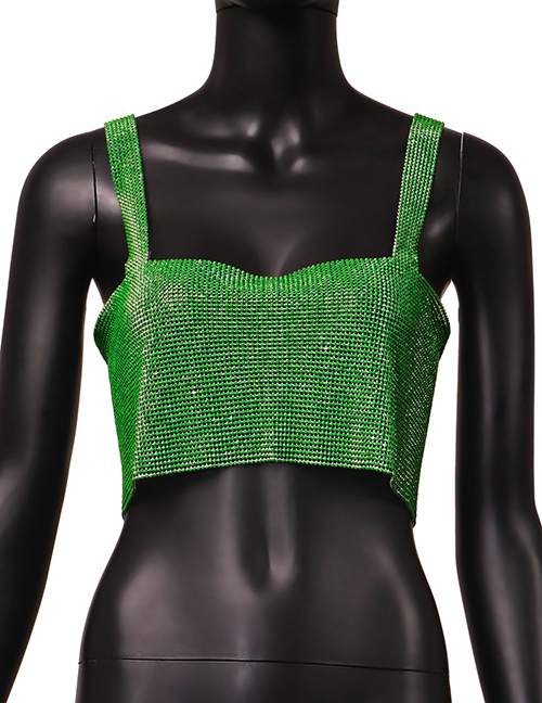 Fashion Green Polyester Flash Diamond Sleeveless Tank Top