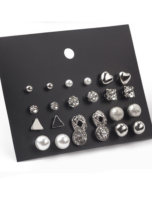Fashion Silver Alloy Inset Zirconium Geometric Stud Earrings Set