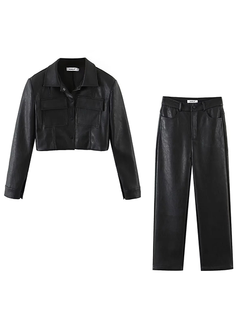Fashion Black Pu Lapel Short Jacket Pants Set