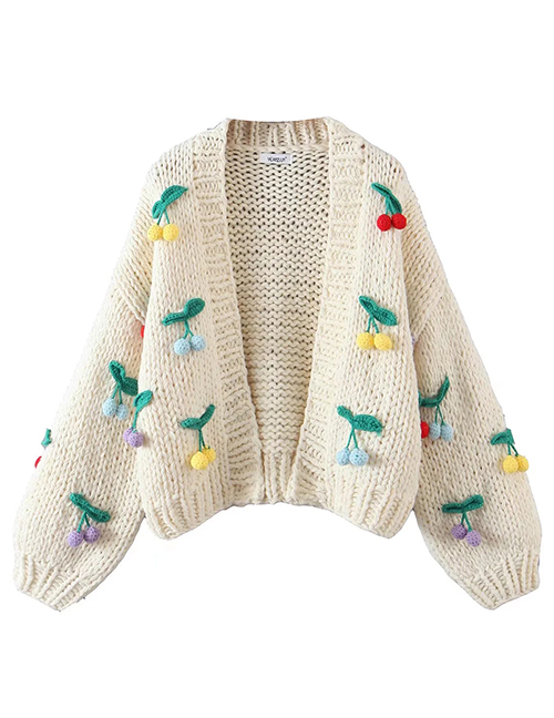 Fashion Khaki Acrylic Knit Cherry Cardigan Sweater