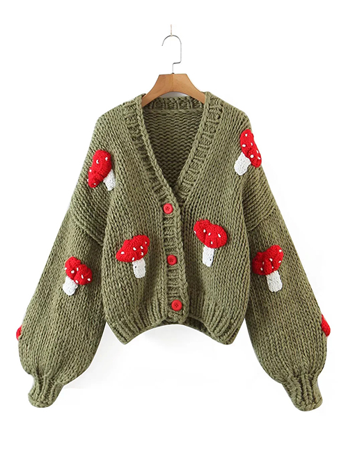 Fashion Army Green Acrylic Knit Mushroom Sweater Jacket