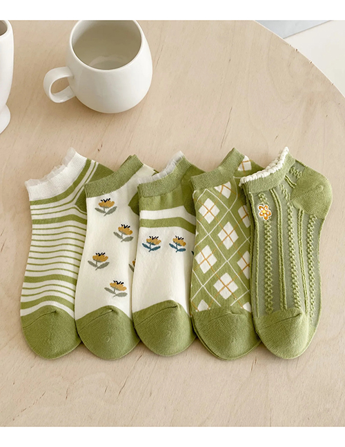 Fashion Five Pairs Floral Embroidered Lace Striped Socks Set