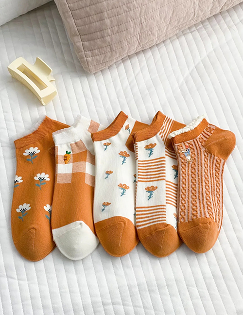 Fashion Five Pairs Rabbit Carrot Embroidered Flower Plaid Cotton Socks Set