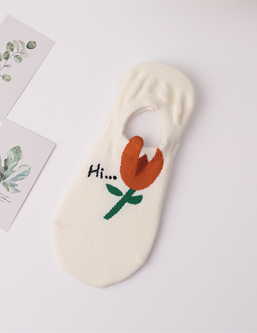 Fashion Orange Flowers On White Geometric Knitted Three-dimensional Flower Silicone Invisible Boat Socks
