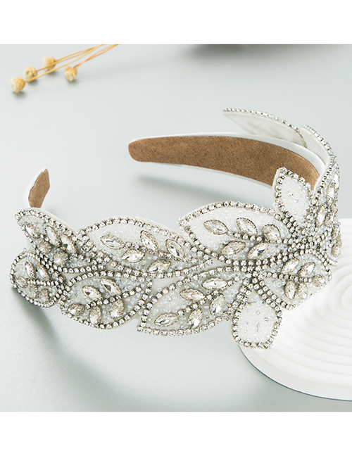 Fashion White Fabric Diamond-studded Rice Bead Leaf Wide-brimmed Headband