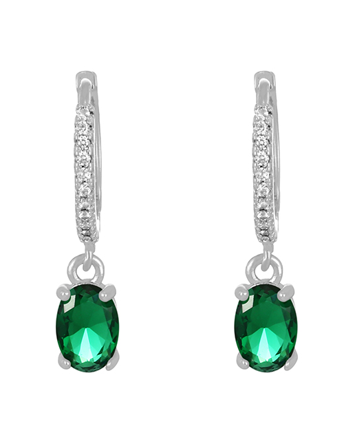 Fashion Silver + Green Brass Set Zircon Round Earrings