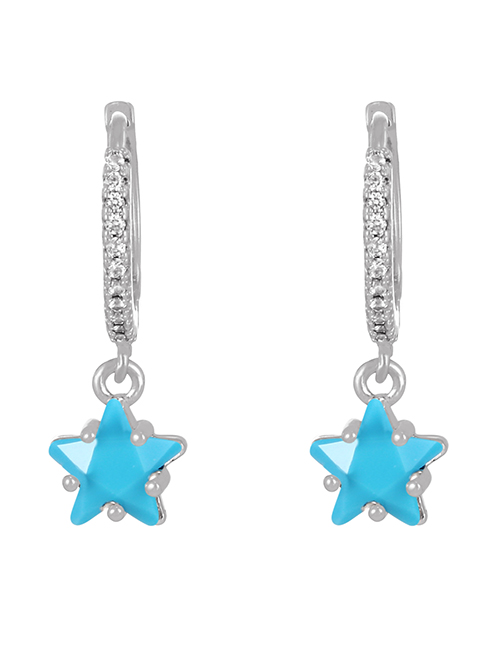 Fashion Silver+blue Brass Set Zircon Pentagram Earrings