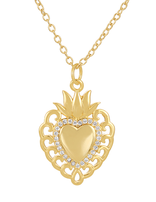 Fashion Gold-3 Copper Inlaid Zircon Openwork Pattern Heart Frame Pendant Necklace