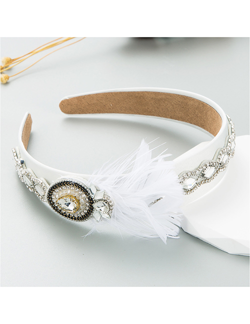 Fashion White Fabric Diamond-encrusted Feather Wide-brimmed Headband