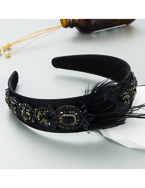 Fashion Black Fabric Diamond-encrusted Feather Wide-brimmed Headband