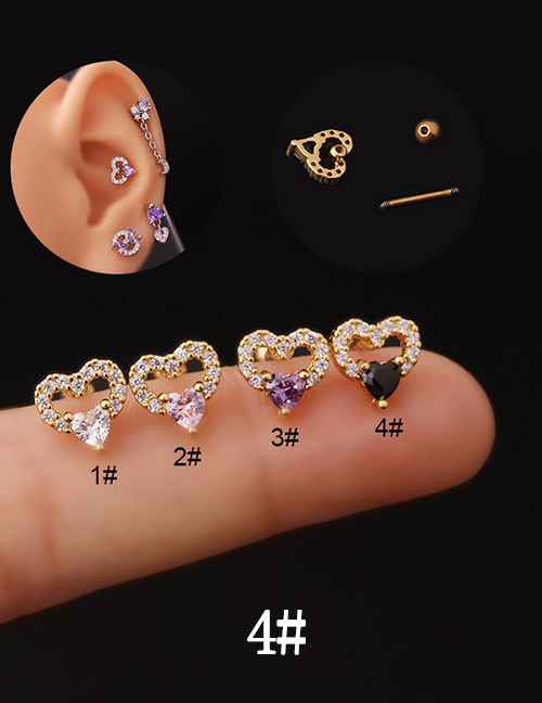 Fashion 4# Gold Titanium Steel Thin Rod Set Zirconium Heart Pierced Stud Earrings