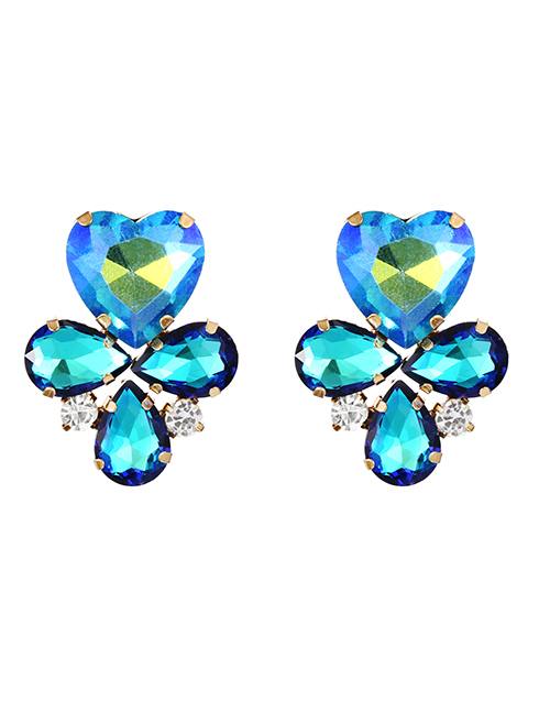 Fashion Blue Alloy Diamond Water Drop Love Stud Earrings