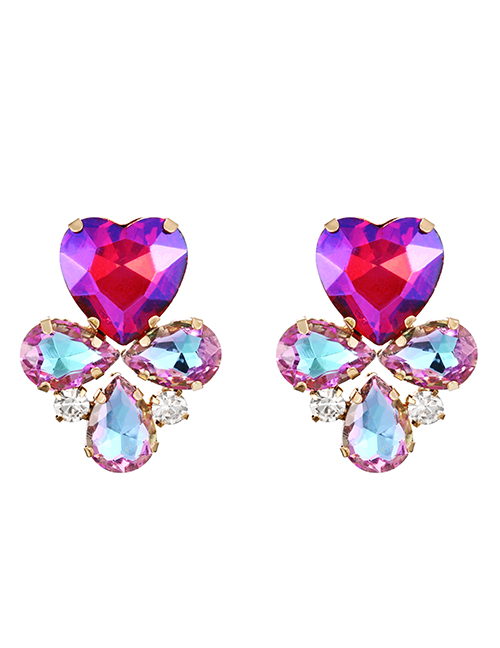 Fashion Purple Alloy Diamond Water Drop Love Stud Earrings
