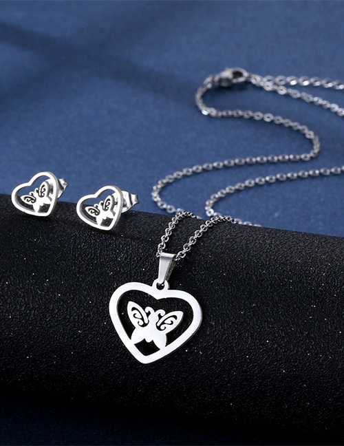 Fashion Butterfly Titanium Steel Heart Butterfly Stud Necklace Set