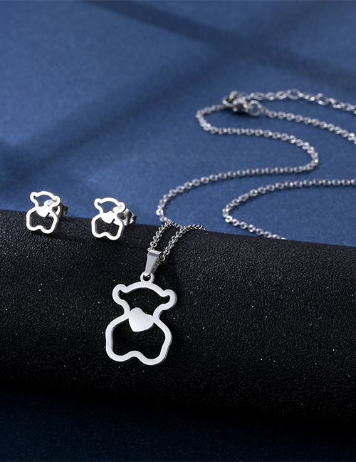 Fashion Bear Titanium Bear Stud Necklace Set