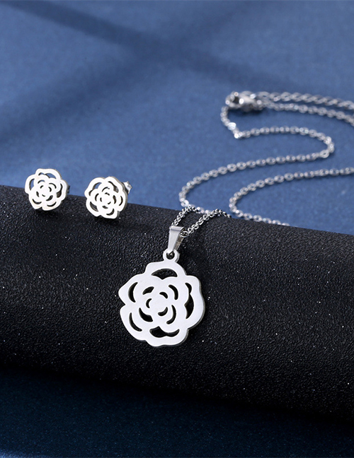 Fashion Flowers Titanium Steel Flower Stud Necklace Set