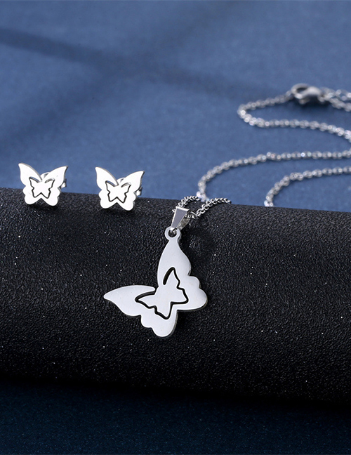 Fashion Butterfly-2 Titanium Butterfly Stud Necklace Set
