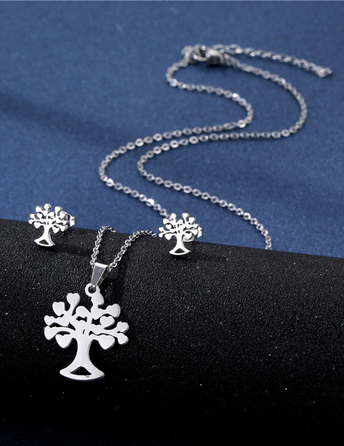 Fashion Life Tree Titanium Steel Tree Of Life Stud Necklace Set