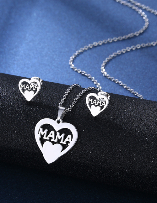 Fashion Love-2 Titanium Steel Heart Mama Stud Necklace Set