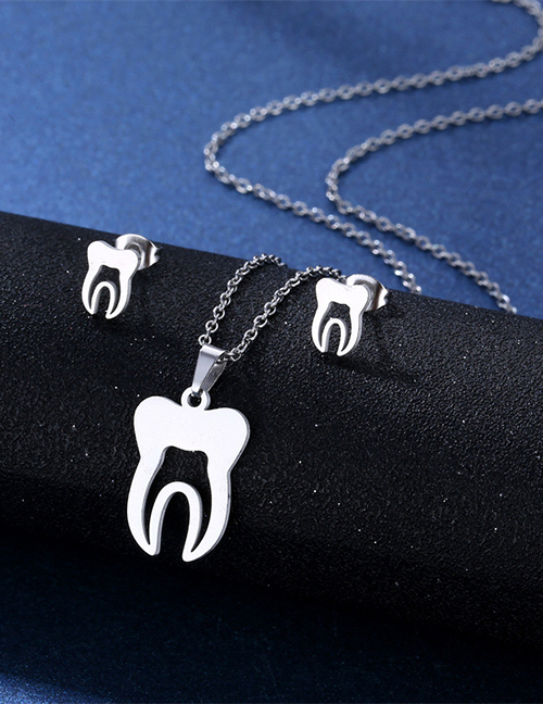 Fashion Teeth Titanium Teeth Stud Necklace Set