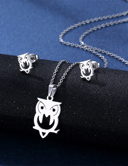 Fashion Owl Titanium Owl Stud Necklace Set