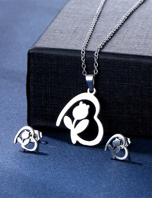 Fashion Love-10 Titanium Steel Heart Flower Stud Necklace Set