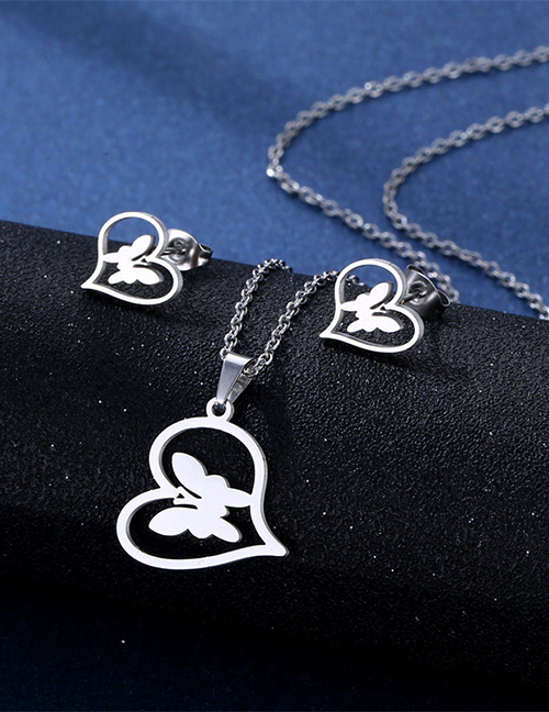 Fashion Love-13 Titanium Steel Heart Butterfly Stud Necklace Set