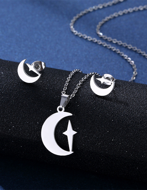 Fashion Star And Moon Titanium Star And Moon Stud Necklace Set