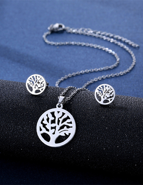 Fashion Tree Of Life-2 Titanium Steel Tree Of Life Stud Necklace Set