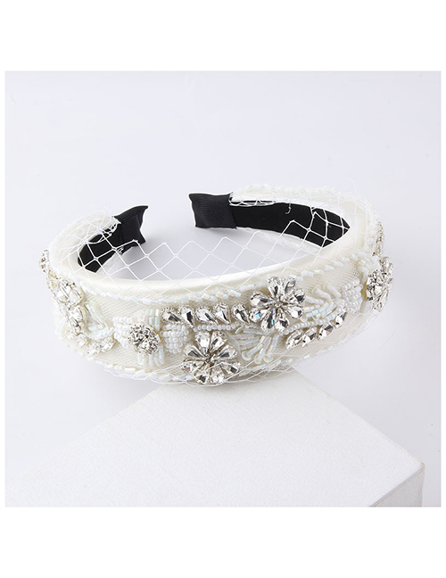 Fashion White Fabric Diamond-studded Flower Lace Rice Bead Wide-brimmed Headband