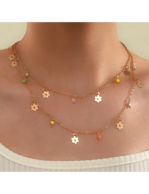 Fashion Color Alloy Color Rice Bead Flower Double Layer Necklace