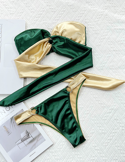 Fashion Green Nylon Contrast Color Split Swimsuit