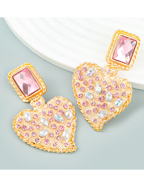 Fashion Pink Alloy Set Square Diamond Heart Stud Earrings