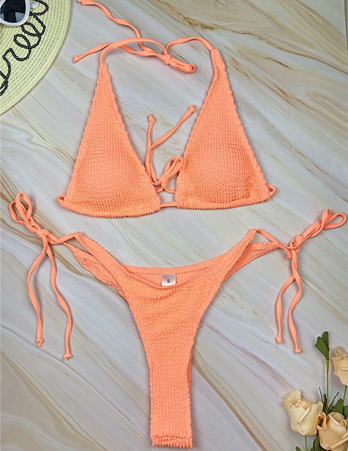 Fashion Orange Polyester Wavy Halter Tie Split Swimsuit