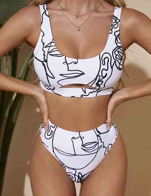 Fashion White Polyester Printed Split Swimsuit