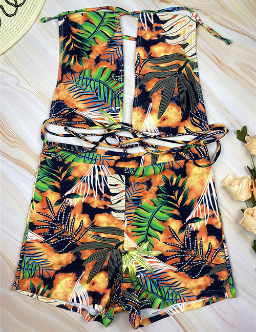 Fashion Brown Green Leaves Printed Halterneck Lace-up Swimsuit