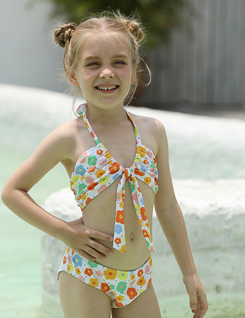 Fashion Color Polyester Print Halter Tie Children's Split Swimsuit