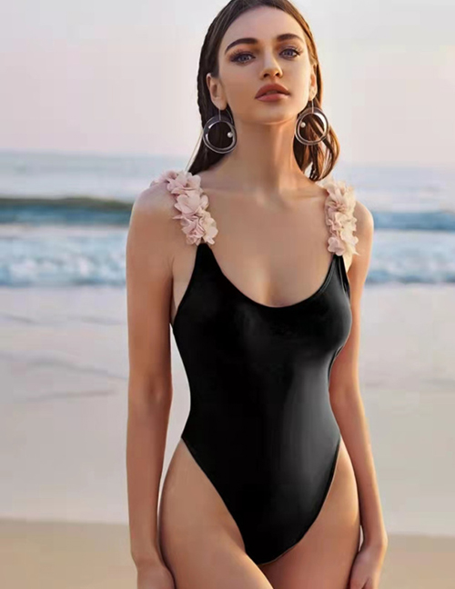 Fashion Black Solid Floral Strap One-piece Swimsuit