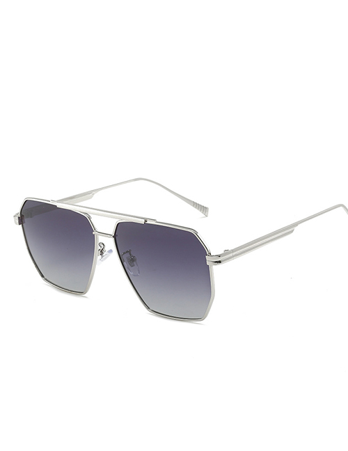 Fashion Silver Frame Double Gray Sheet Alloy Double Bridge Large Frame Sunglasses