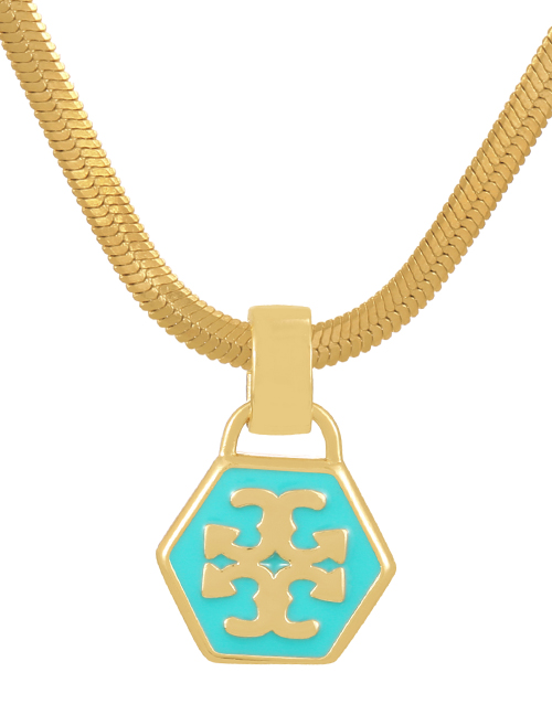 Fashion Lake Green Titanium Steel Drip Pattern Hexagon Pendant Snake Necklace