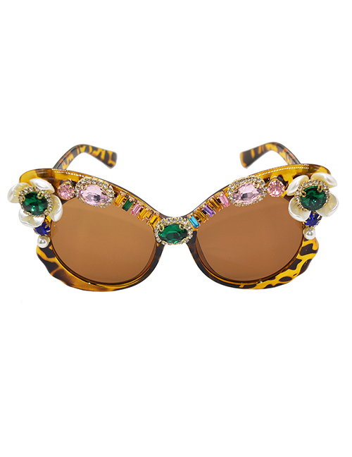 Fashion Brown Resin Diamond Floral Leopard Sunglasses