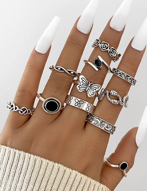Fashion Silver Alloy Butterfly Snake Flower Geometric Ring Set