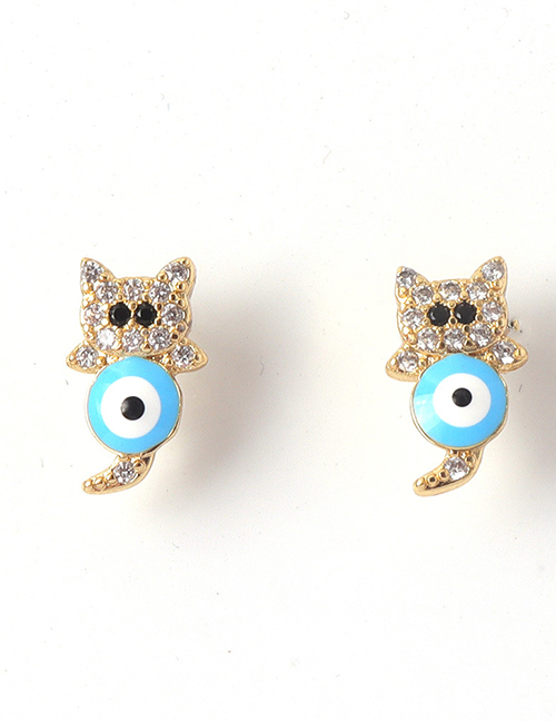 Fashion Light Blue Copper Gold Plated Zirconia Oil Eye Kitten Stud Earrings